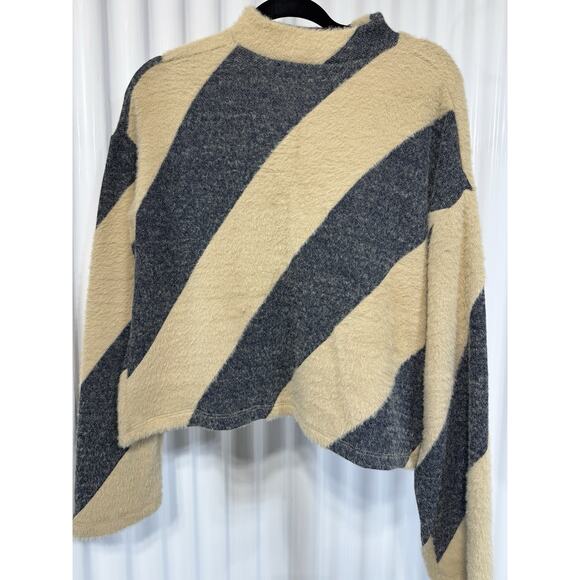 Anthropologie Maeve Mock-Neck Sweater In Sand And Slate Stripes Women’s Medium - Picture 1 of 5